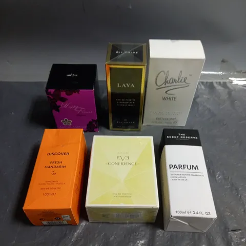 BOX OF APPROXIMATELY 6 ASSORTED BOXED FRAGRANCES TO INCLUDE - CHARLIE WHITE - THE SCENT RESERVE 211 - DISCOVER FRESH MANDARIN - ETC