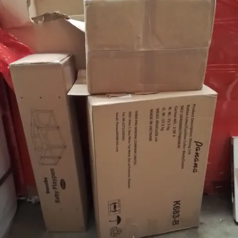 PALLET OF ASSORTED HOUSEHOLD GOODS AND PRODUCTS TO INCLUDE;PLAYPEN,DINING SET,VIBRATION EXERCISE MAT