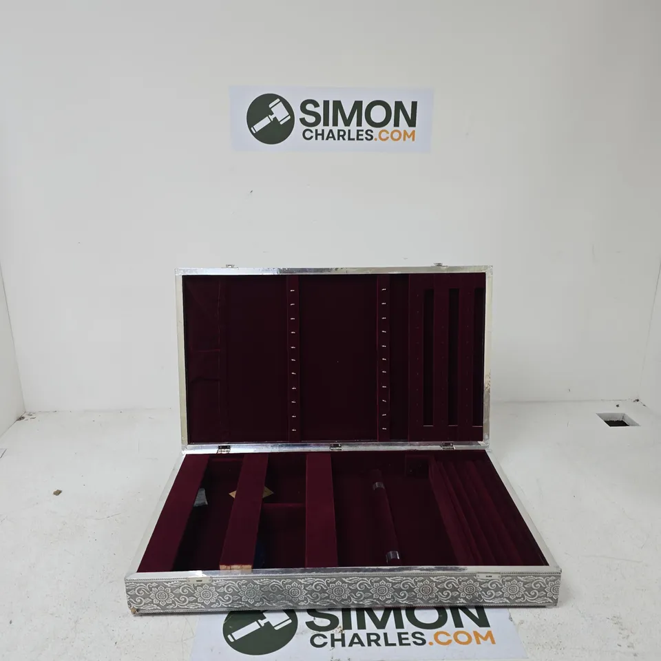 ORNATE SILVER-FRAMED WALL MIRROR WITH BURGUNDY VELVET JEWELLERY DISPLAY CASE