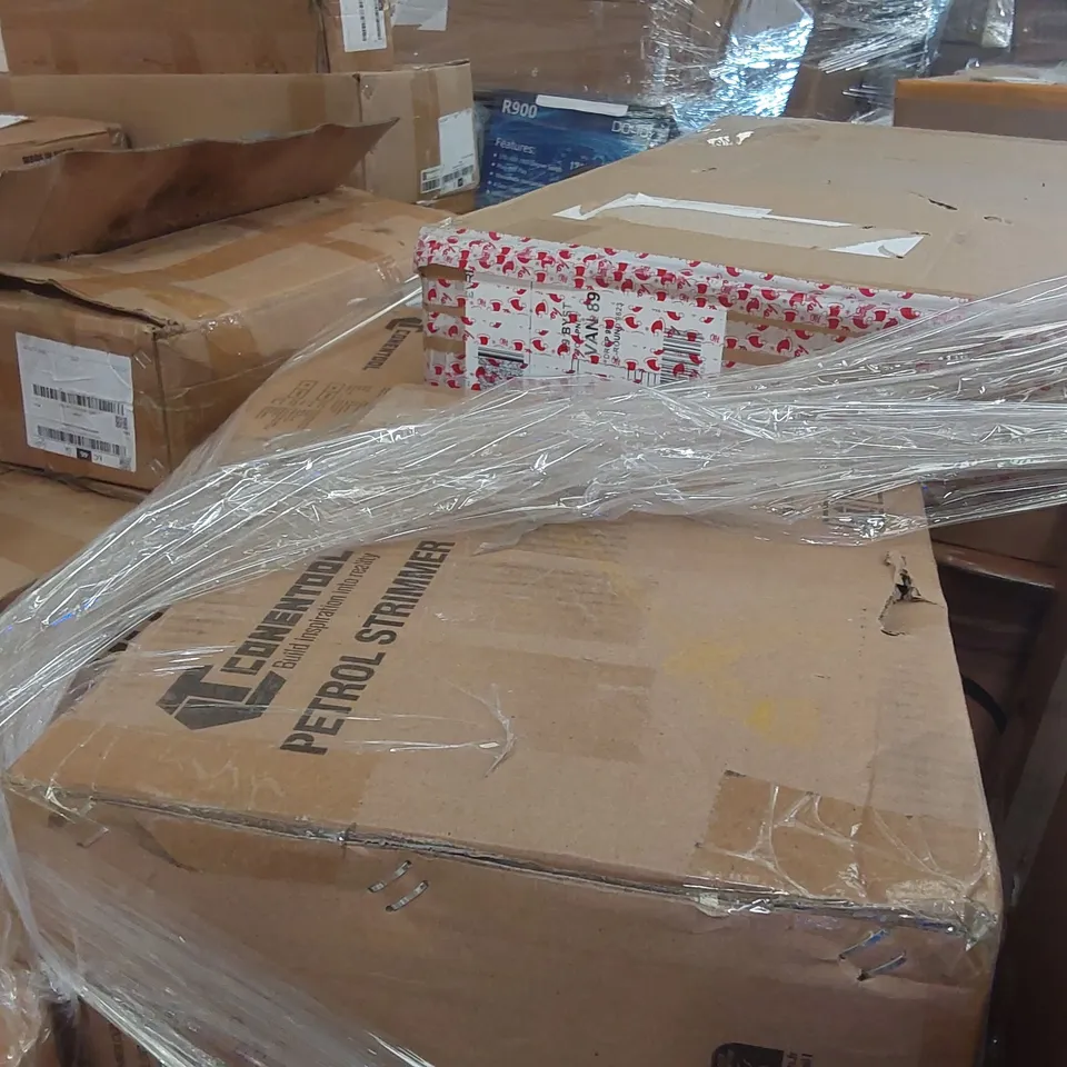 PALLET CONTAINING A LARGE ASSORTMENT OF CONSUMER PRODUCTS INCLUDING: LI-ION BATTERY LAWN MOWER, CAT TREE, PETROL STRIMMER, CLOTHES HANGER ECT