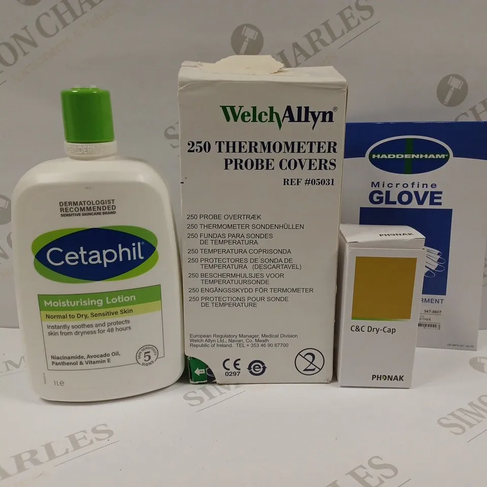 APPROXIMATELY 20 ASSORTED HEALTH PRODUCTS TO INCLUDE CETAPHIL MOISTURISING LOTION, THERMOMETER PROBE COVERS, MICROFINE GLOVE, C&C DRY-CAP ETC. 