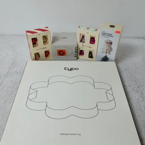 APPROXIMATELY 18 ASSORTED TYPO PRODUCTS TO INCLUDE SCALLOPED FASHION TRAY, CHRISTMAS TREE TOPPER, EVERYDAY ALPHA MUG, ETC - COLLECTION ONLY
