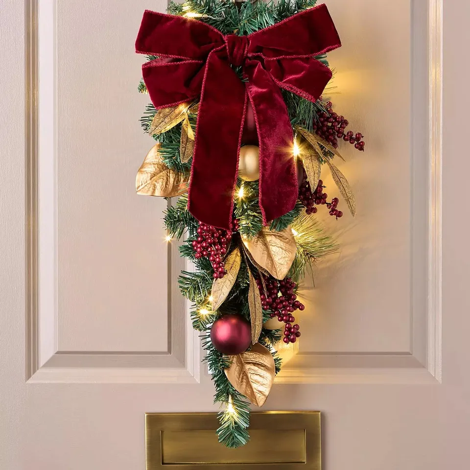 PRE LIT BOWS AND BAUBLES TEARDROP CHRISTMAS WREATH - 70 CM