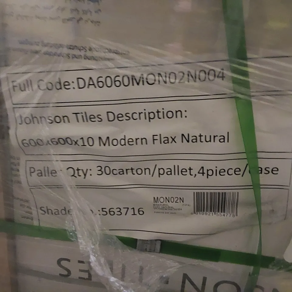 PALLET TO CONTAIN APPROX 30 X PACKS OF JOHNSON TILES MODERN FLAX NATURAL PORCELAIN FLOOR TILES - 4 TILES PER PACK // TILE SIZE: 600 X 600 X 10mm