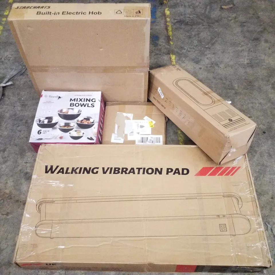 PALLET CONTAINING ASSORTED PRODUCTS INCLUDING WALKING VIBRATION PAD, MIXING BOWLS, BUILT-IN ELECTRIC HOB, CAST IRON GRIDDLE PAN & BLADLESS FAN
