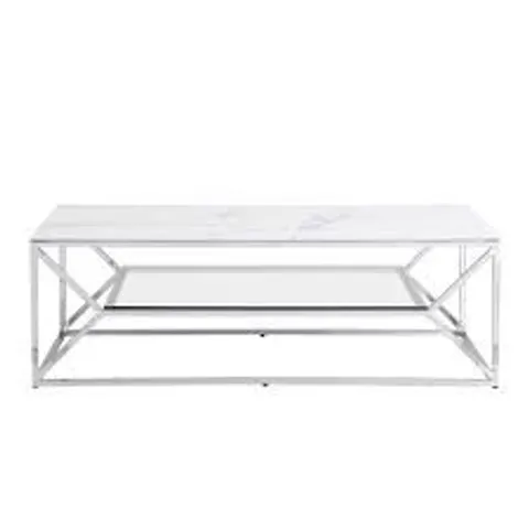 BRAND NEW BOXED POCATELLO MARBLE EFFECT GLASS COFFEE TABLE WITH SILVER FRAME (1 BOX)