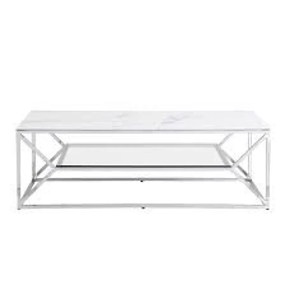 BRAND NEW BOXED POCATELLO MARBLE EFFECT GLASS COFFEE TABLE WITH SILVER FRAME (1 BOX)