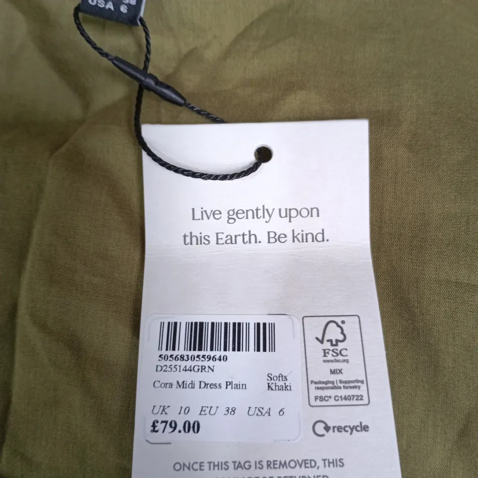NOBODY'S CHILD CORA MIDI DRESS PLAIN – SOFT KHAKI, UK 10