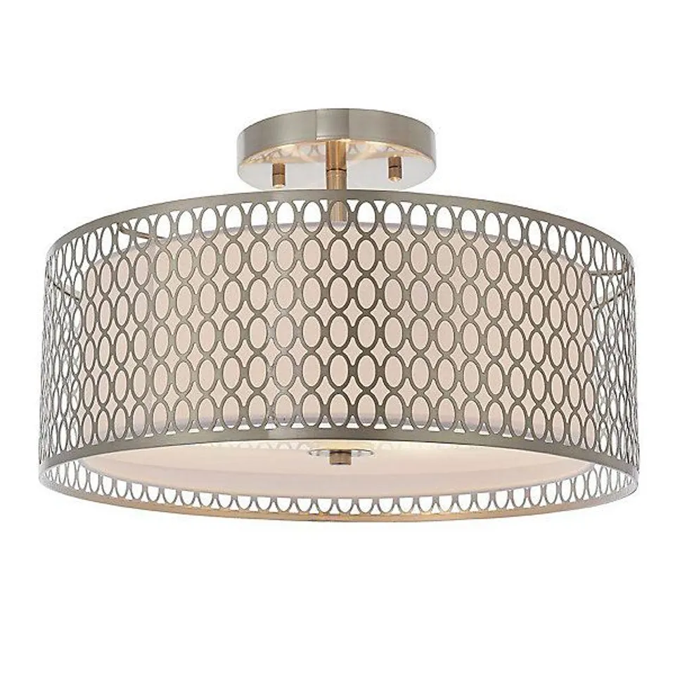 BOXED LUMINOSA CORDERO 3 LIGHT FLUSH LIGHT SATIN NICKEL PLATE & WHITE COTTON MIX, E27