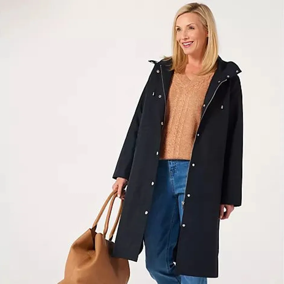 RUTH LANGSFORD HOODED FUNNEL NECK RAIN COAT BLACK SIZE 20