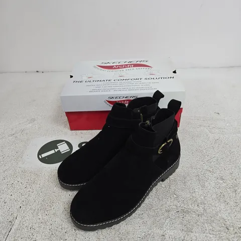 SKECHERS ARCH FIT WOMEN'S BLACK SUEDE ANKLE BOOTS β BUCKLE STRAP, BOXED UK 6 AND HALF