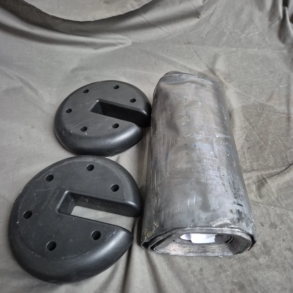 ASSORTED METAL HARDWARE COMPONENTS – TWO ROUND DISC PLATES WITH HOLES + CYLINDRICAL FABRIC ROLL