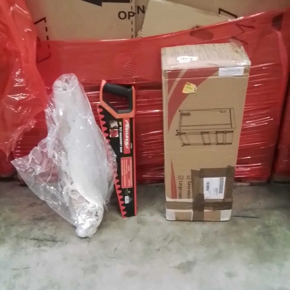 PALLET OF ASSORTED HOUSEHOLD GOODS AND PRODUCTS TO INCLUDE;AREA RUG,SAW,CLOTHES DRYER