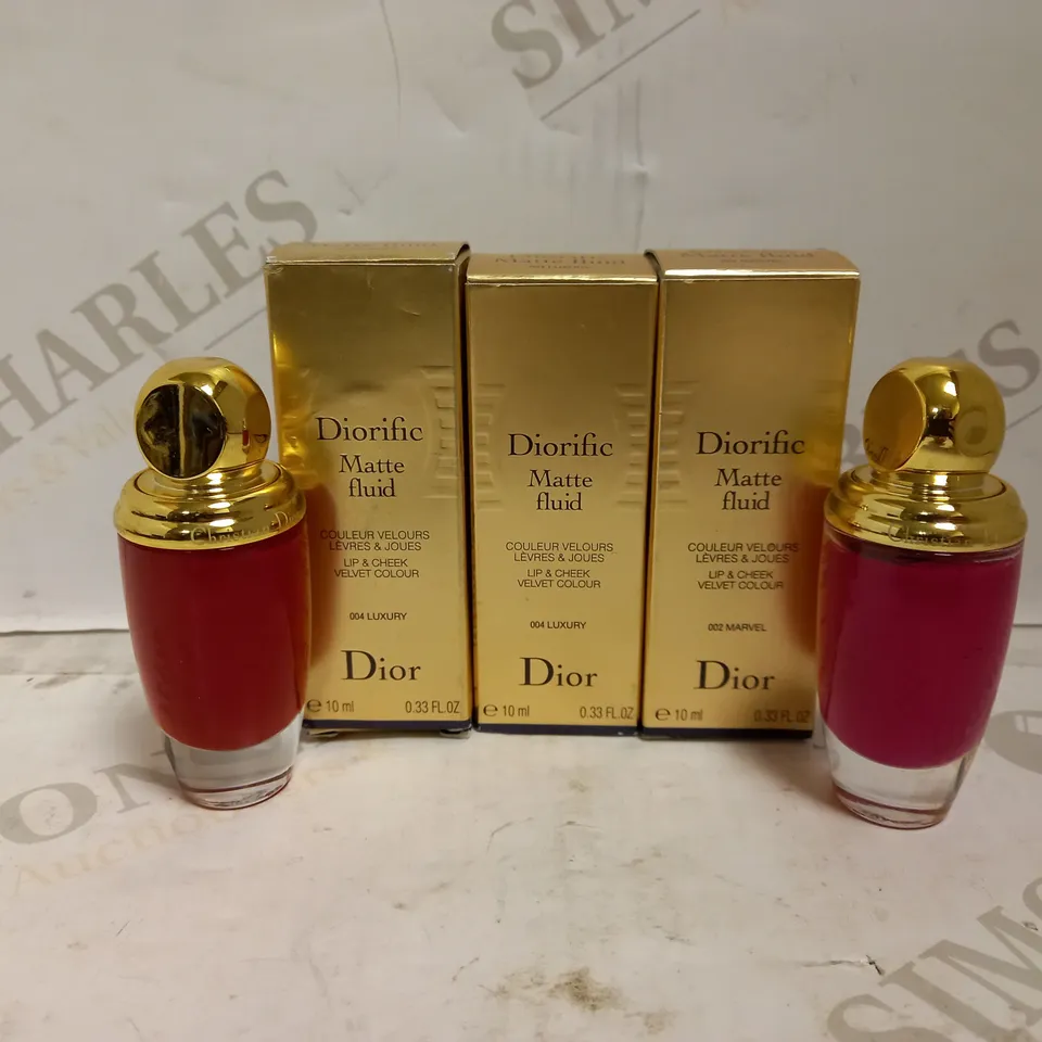 LOT OF 3 DIOR DIORIFIC MATTE FLUID LIP & CHEEK VELVET COLOUR - 2 X 004 LUXURY, 1 X 002 MARVEL