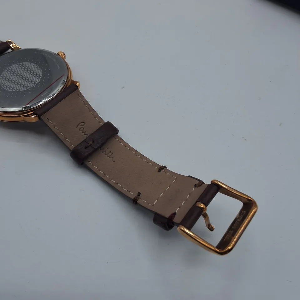 BOXED PAUL SMITH STAINLESS STEEL WATCH WITH JAPANESE MOVEMENT AND BROWN LEATHER STRAP