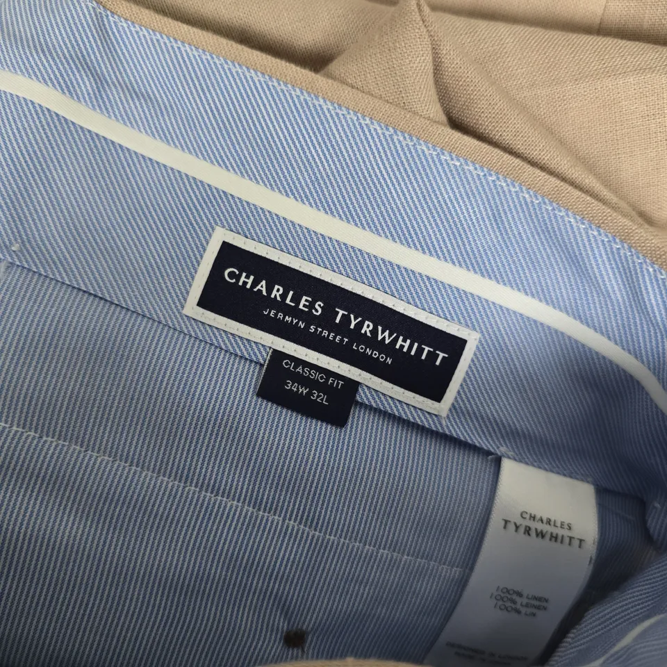 CHARLES TYRWHITT TAUPE LINEN TROUSERS, CLASSIC FIT, 34W X 32L