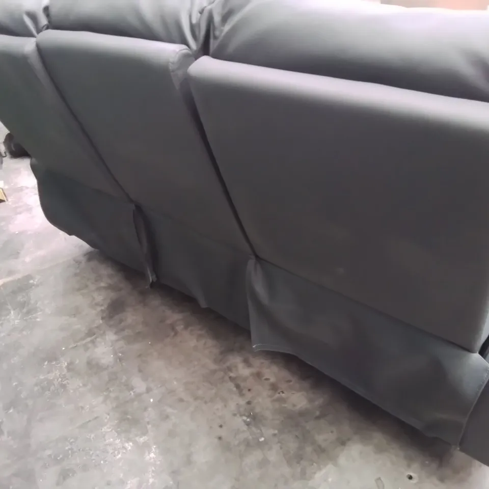 DESIGNER THREE SEATER MANUAL RECLINING SOFA GREY FAUX LEATHER WITH BLACK PIPING