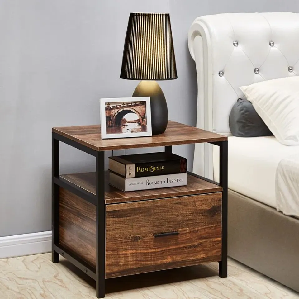 BOXED HOLTON 1 DRAWER IRON NIGHTSTAND BROWN