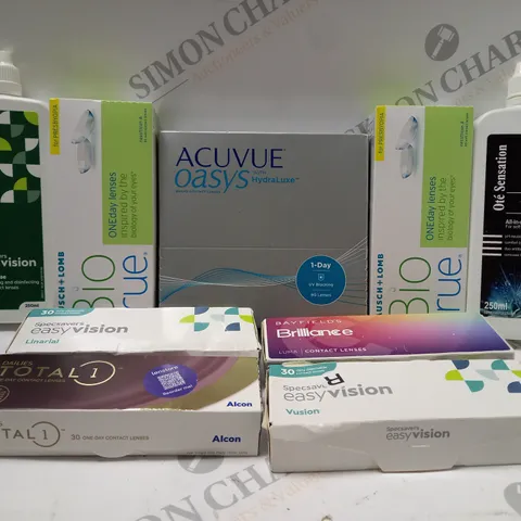 BOX OF APPROX 25 ASSORTED CONTACT LENSES AND CONTACT LENSE SOLUTIONS