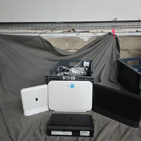 APPROXIMATELY 4 ITEMS OF HYPEROPTIC FIBRE BROADBAND ROUTER BUNDLE WITH MULTIPLE NETWORKING DEVICES.