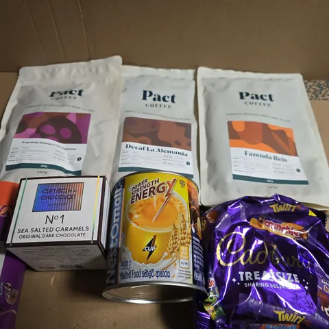 APPROXIMATELY 5 ASSORTED FOOD ITEMS TO INCLUDE - PACT COFFEE, CABURYS CHOCOLATE AND CHOCOLATES 
