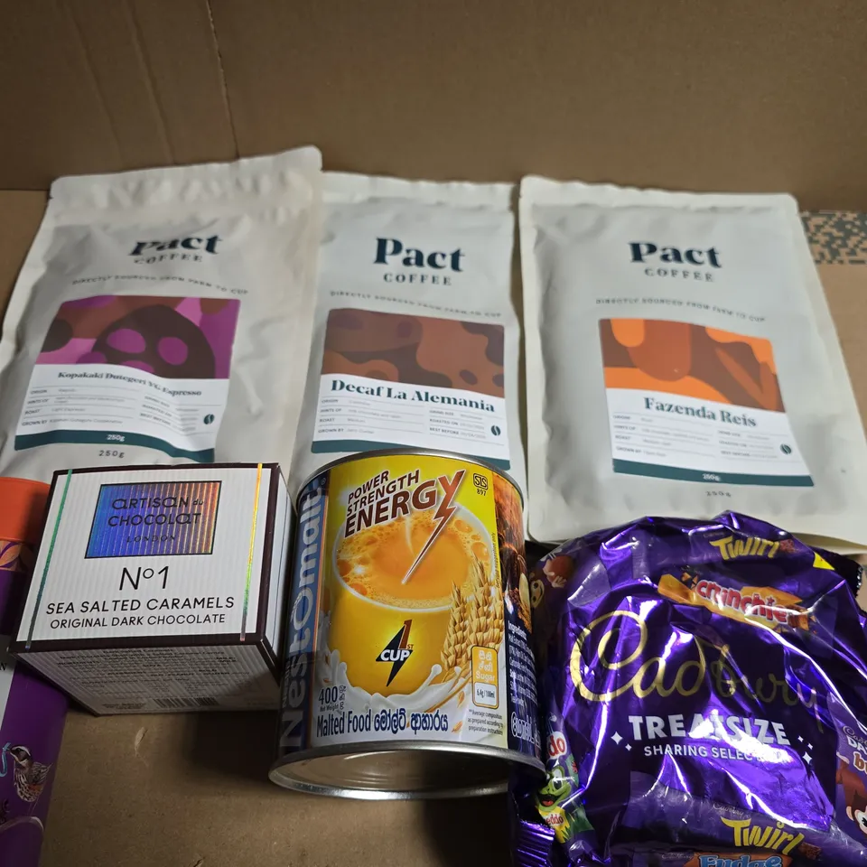 APPROXIMATELY 5 ASSORTED FOOD ITEMS TO INCLUDE - PACT COFFEE, CABURYS CHOCOLATE AND CHOCOLATES 