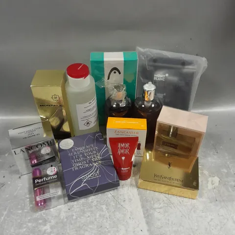 APPROXIMATELY 12 ASSORTED COSMETIC PRODUCTS TO INCLUDE - MONT BLANC AFTER SHAVE BALM - CACHAREL AMOR AMOR BODY LOTION - YVES SAINT LAURENT COUTURE CHALKS - ETC