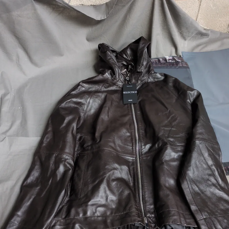 MANGO MNG COLLECTION LEATHER JACKET – BROWN, HOODED, ZIP FRONT UK L