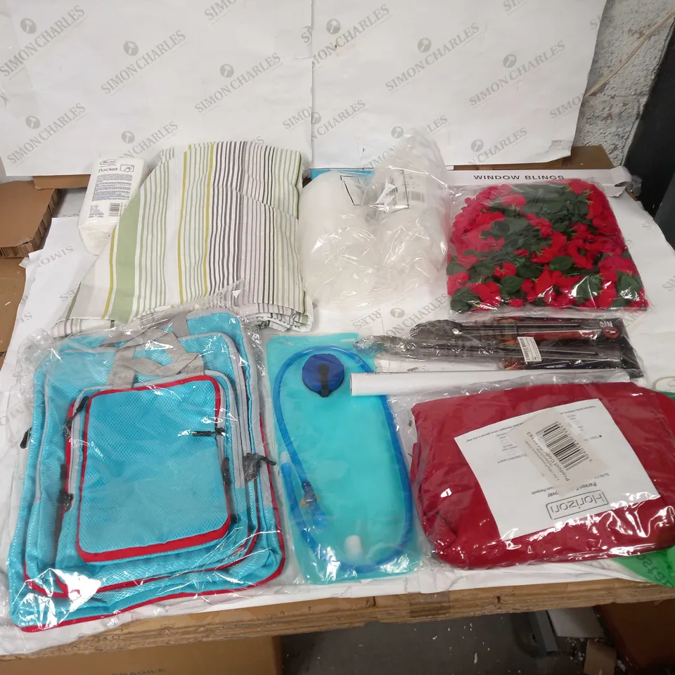 LOT OF APPROXIMATELY 25 HOUSEHOLD ITEMS TO INCLUDE ROSE GARDEN DECOR, BARBEQUE TONGUE SET, AND LARGE HIKING BACKPACK ETC.