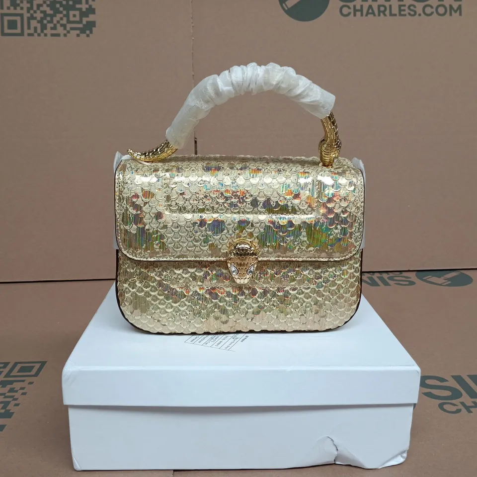 LA MAREY GOLD SEQUIN HANDBAG CLUTCH WITH WRAPPED HANDLE BOXED