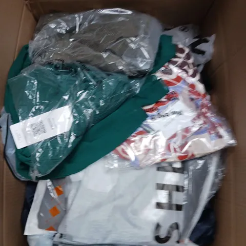 LARGE BOX OF APPROXIMATELY 20 ASSORTED CLOTHING ITEMS IN VARIOUS SIZES, STYLES AND COLOUR