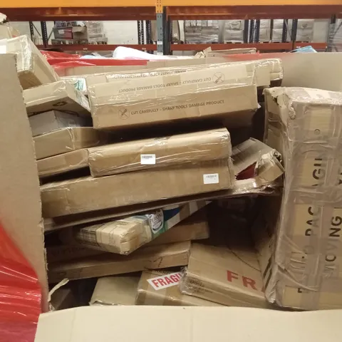 PALLET OF ASSORTED HOUSEHOLD GOODS AND PRODUCTS TO INCLUDE; WALL CLOCK, WALL MIRROR, CAT LITTER BOX, BOXED FURNITURE ETC