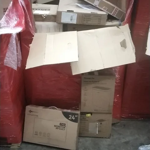A PALLET CONTAINING ASSORTED HOUSEHOLD GOODS AND PRODUCTS TO INCLUDE; FHD MONITOR, SMART AIR PURIFIER 2, ESPRESSO COFFEE MACHINE, BOXED FURNITURE ETC