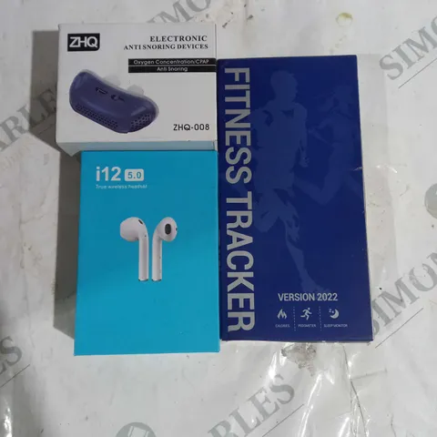 BOX OF APPROXIMATELY 10 ASSORTED HOUSEHOLD ITEMS TO INCLUDE WIRELESS EARBUDS, FITNESS TRACKER, ANTI-SNORING DEVICE, ETC