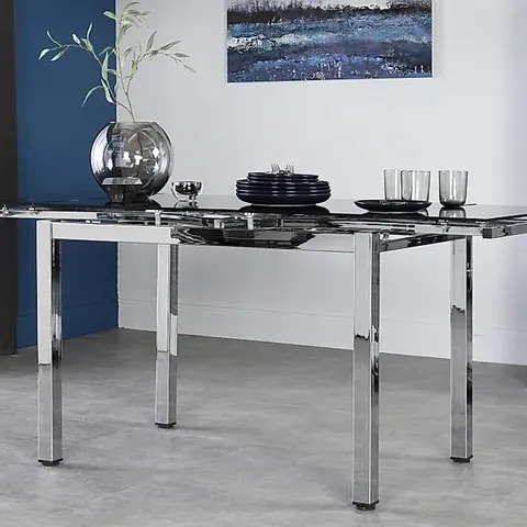 BOXED DESIGNER SPACE CHROME & BLACK GLASS 110-170cm EXTENDING DINING TABLE