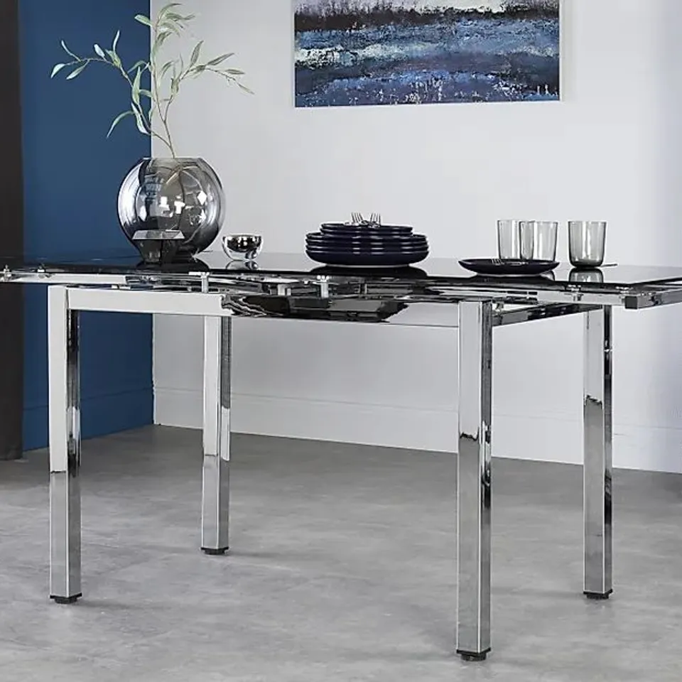 BOXED DESIGNER SPACE CHROME & BLACK GLASS 110-170cm EXTENDING DINING TABLE