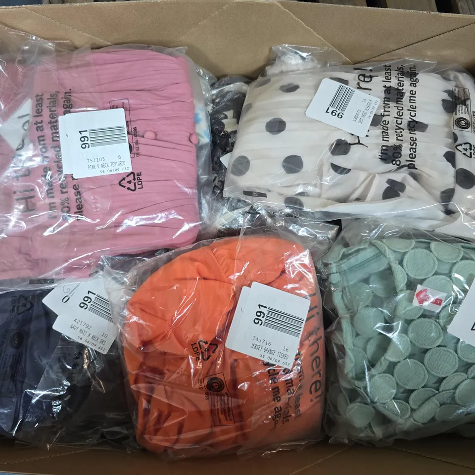 APPROXIMATELY 24 ASSORTED CLOTHING ITEMS IN VARIOUS SIZES, STYLES & SIZES TO INCLUDE LILAC LACE DRESS , PRINT SHIFT DRESS , NAVY PRINT MIDI DRESS , ETC - COLLECTION ONLY 