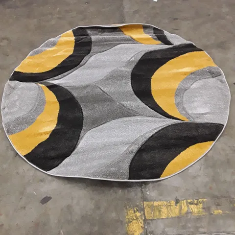 ROUND ABSTRACT PATTERN RUG – GREY, BLACK & MUSTARD YELLOW 178X178CM APPROXIMATELY