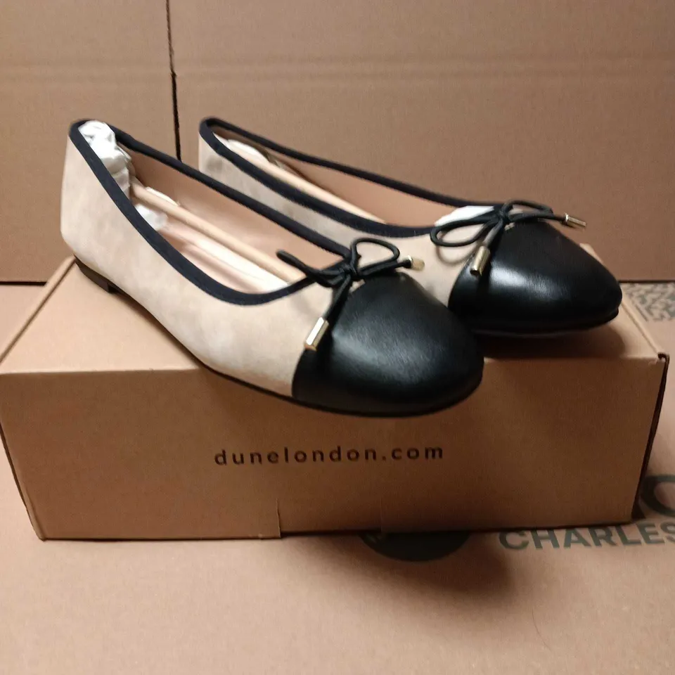 BOXED PAIR OF DUNE CARAMEL SUEDE FLEXIBLE SOLE SLIP ONS - 8