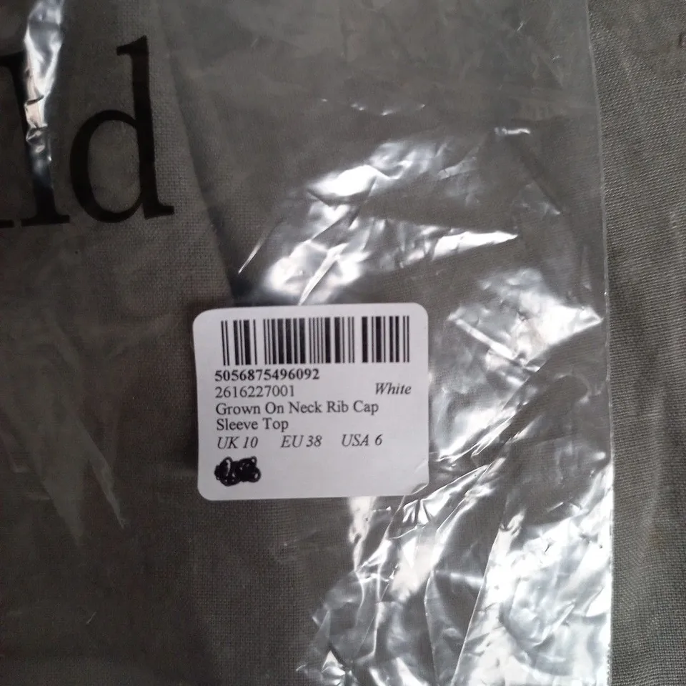 NOBODY'S CHILD WHITE GROWN-ON NECK RIB CAP SLEEVE TOP, UK 10 (EU 38, USA 6)