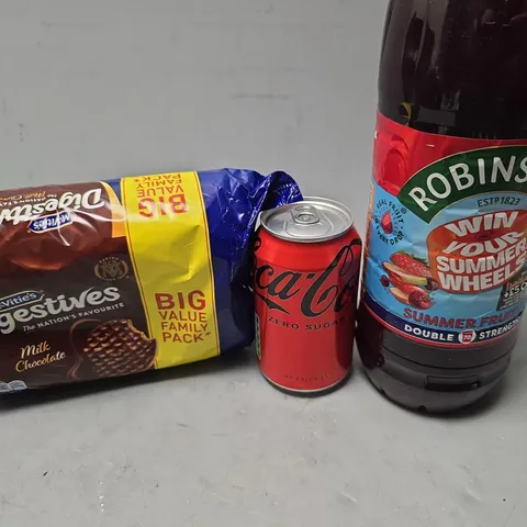 APPROXIMATELY 8 ASSORTED FOOD & DRINK ITEMS TO INCLUDE - DIGESTIVES MILK CHOCOLATE , ROBINSONS SUMMER FRUITS , COCA COLA ETC