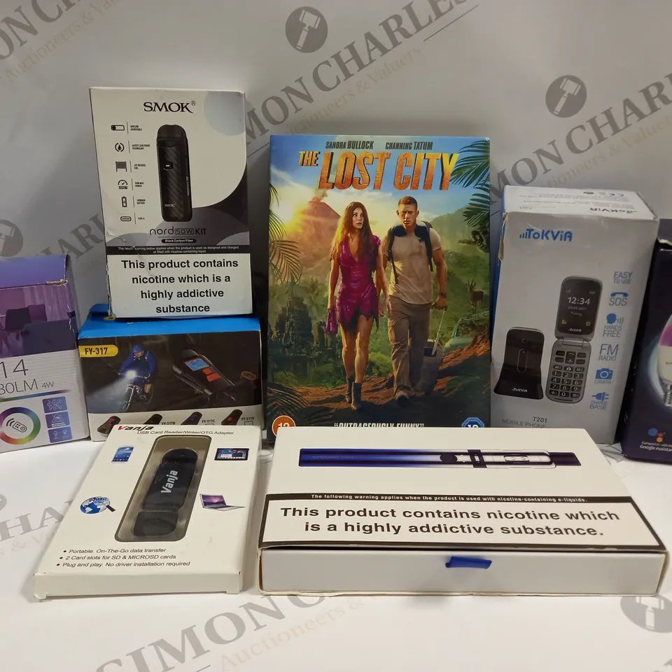 BOX OF APPROX 10 ASSORTED HOUSEHOLD ITEMS TO INCLUDE THE LOST CITY DVD, TOKVIA T201 MOBILE PHONE, ENSHINE LIGHT BULBS, ETC 