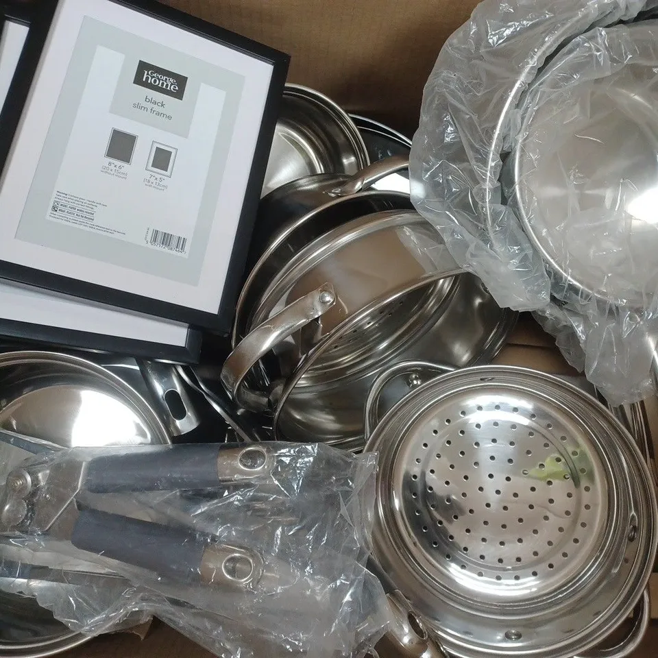 BOX OF APPROXIMATELY 15 ASSORTED HOUSEHOLD ITEMS TO INCLUDE STAINLESS STEEL PAN, CONTIGO THERMAL MUG, SLIM BLACK PHOTO FRAME, ETC - COLLECTION ONLY