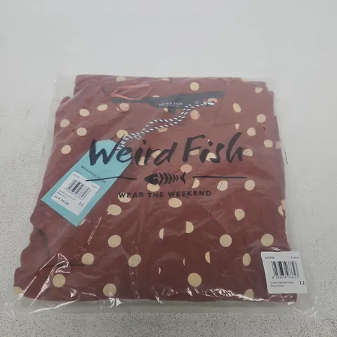 WEIRD FISH VISCOSE PRINTED MIDAXI DRESS – BURGUNDY WITH CREAM POLKA DOTS, UK 12