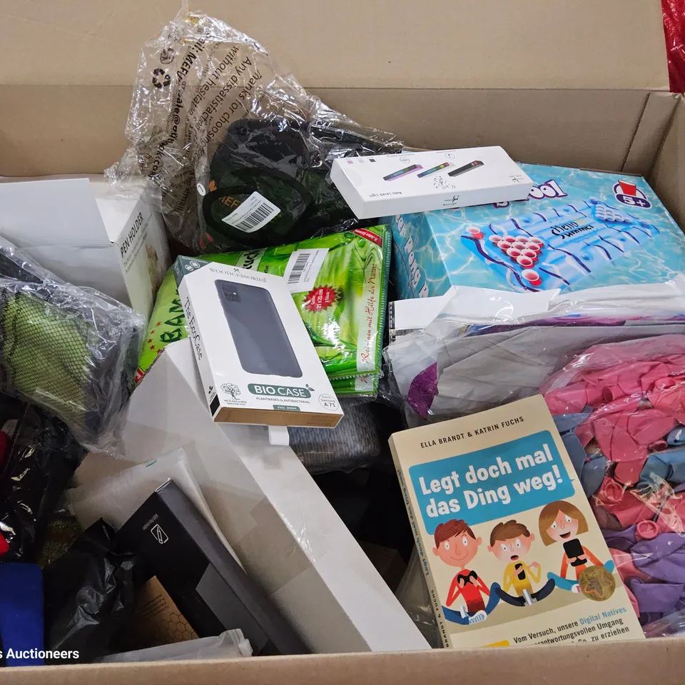PALLET CONTAINING 6 BOXES OF ASSORTED ITEMS, TO INCLUDE, KIDS WATER BOTTLES, PHONE CASES, BEER PONG GAME, BALLOONS, IPAD CASES, CLOTHING ITEMS.