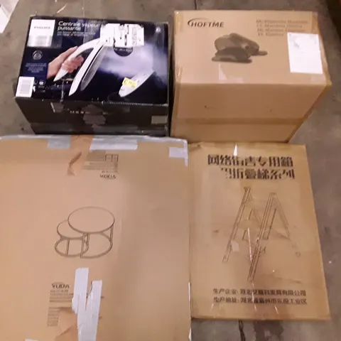PALLET OF ASSORTED PRODUCTS INCLUDING ROUND SIDE TABLE, 3 STEP LADDER, ELLIPTICAL MACHINE, PHILIPS STEAMER