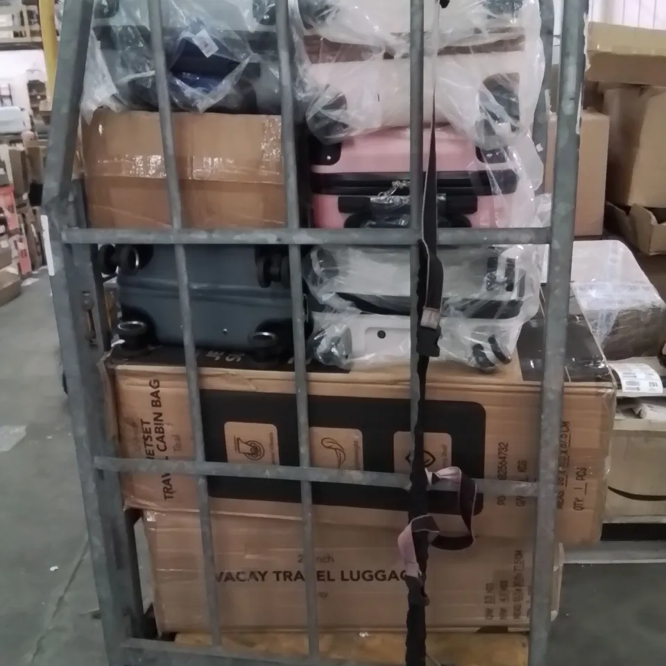 CAGE OF ASSORTED HOUSEHOLD GOODS AND PRODUCTS TO INCLUDE;TRAVEL CABIN BAGS,32INCH SUITCASE,28INCH SUITCASE 