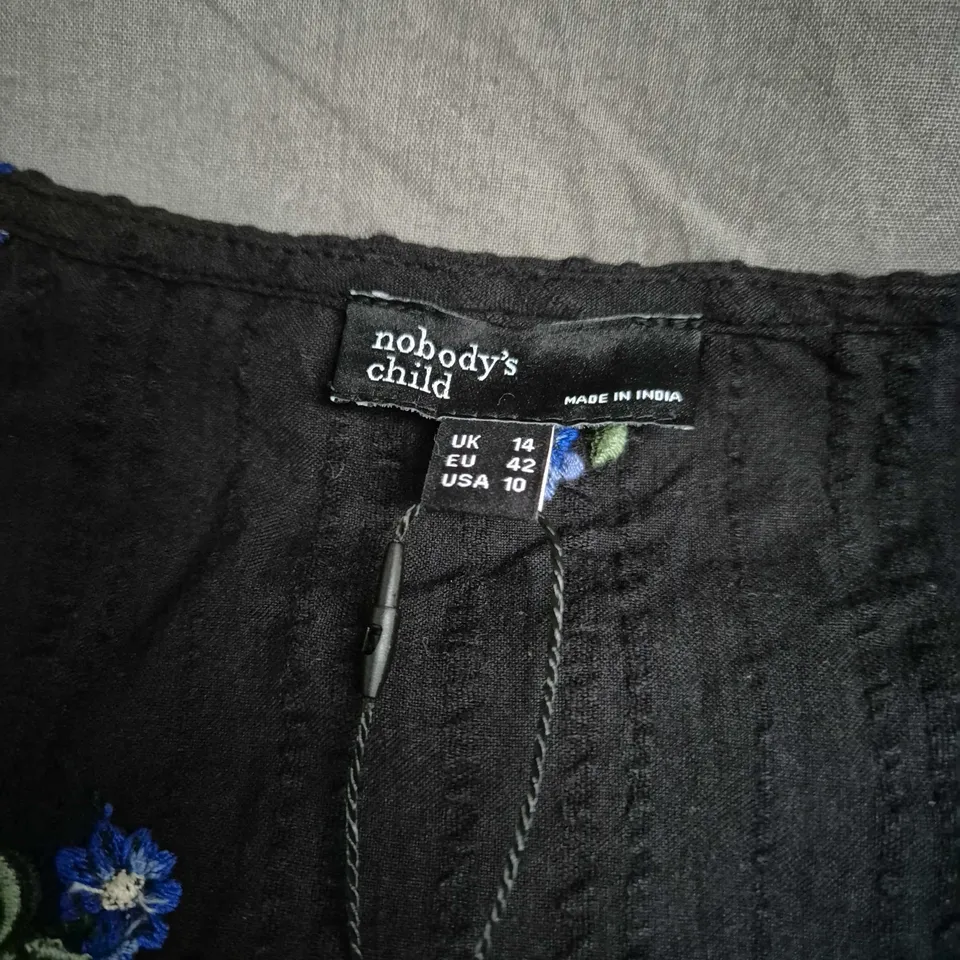 NOBODY'S CHILD BLACK FLORAL EMBROIDERED CARDIGAN, UK 14 (EU 42, USA 10)