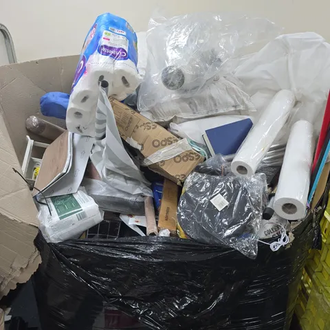 PALLET OF LARGE QUANTITY OF ASSORTED ITEMS TO INCLUDE TOILET ROLL, DUST SHEETS, WOOD, ETC - COLLECTION ONLY