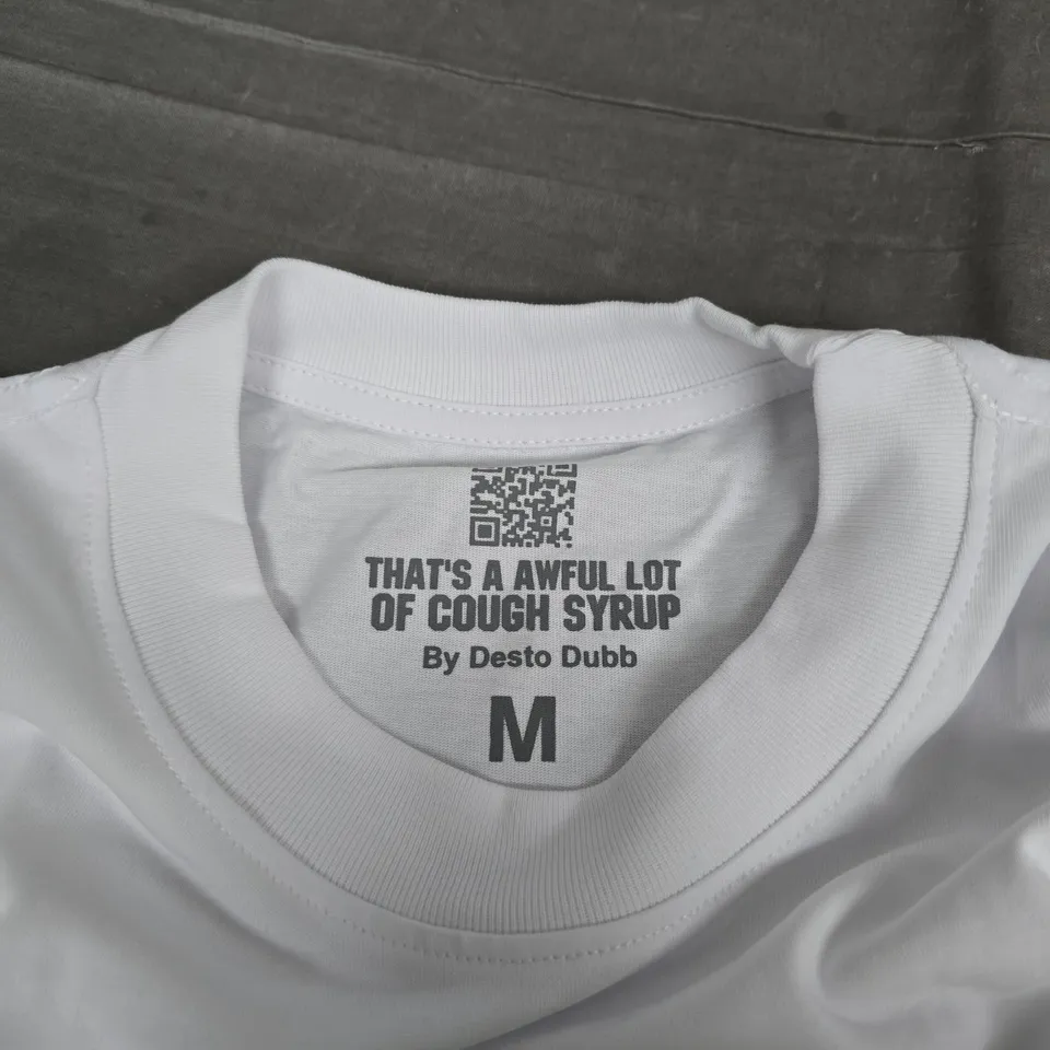 WHITE COTTON T-SHIRT WITH GRAPHIC PRINT THAT'S A AWFUL LOT OF COUGH SYRUP BY DESTO DUBB – MEDIUM (M)